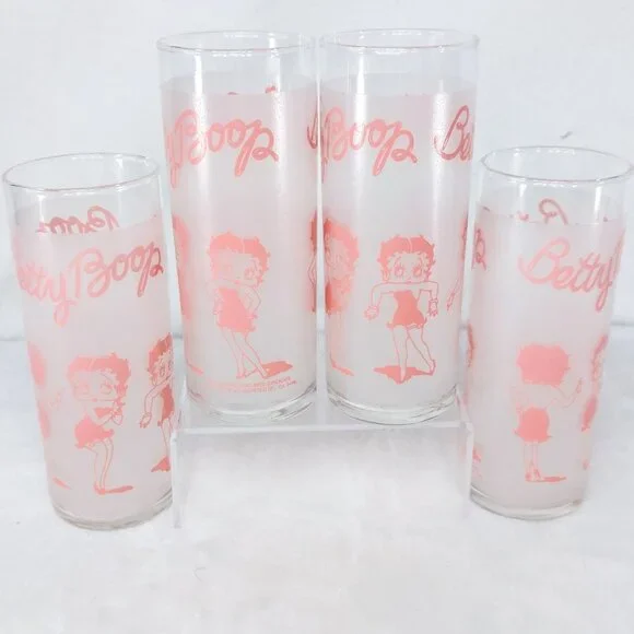 Betty Boop Pink Drinking Frosted Glasses Set Of 4 10 Oz Slim 1988 Vintage - Picture 8 of 8